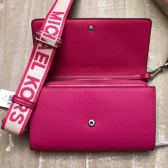 NWT! Michael Kors Pebble Leather Fuchsia Crossbody Bag Jet Set with Logo Strap - Picture 2 of 6